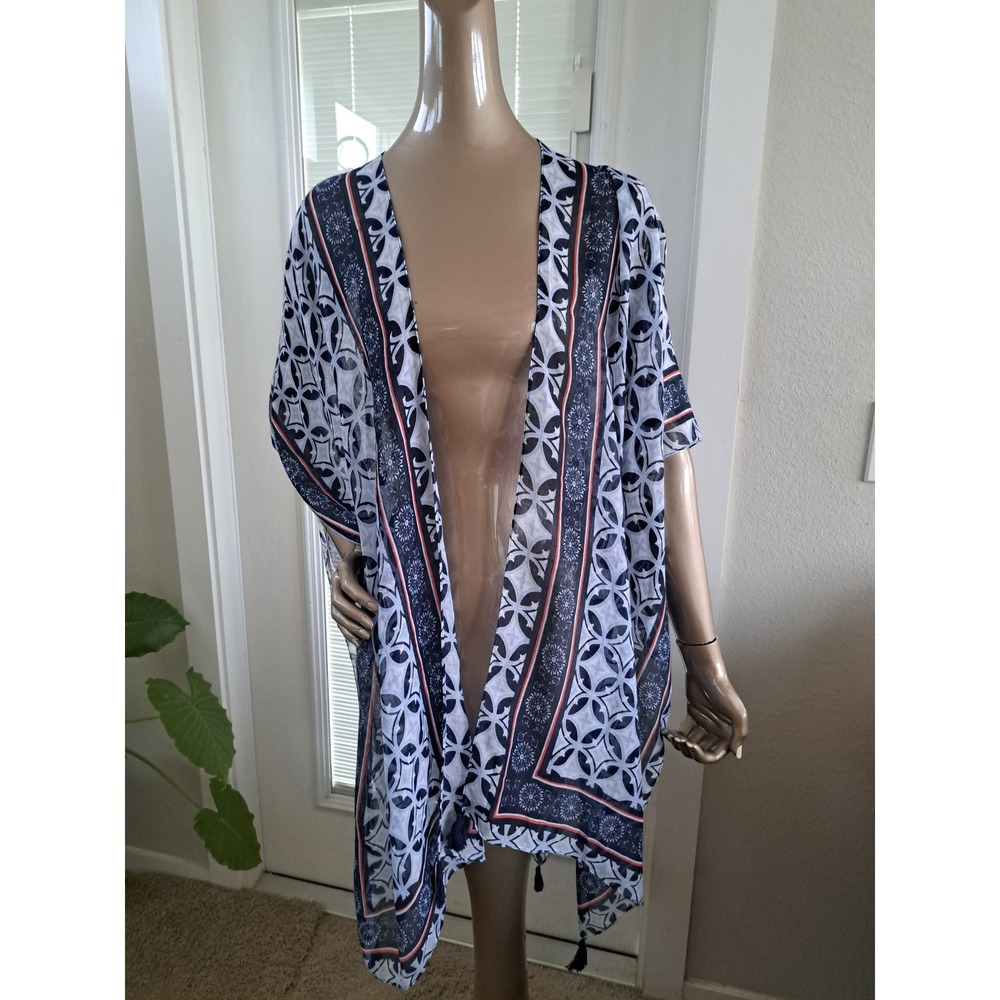 Roffe Accessories Navy Blue White Geometric Tassel Trim Kimono Wrap Cover Up